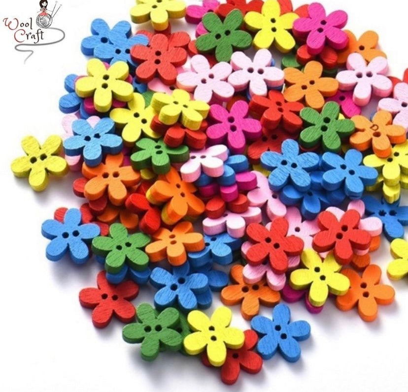 Wooden Flower Buttons- Colored