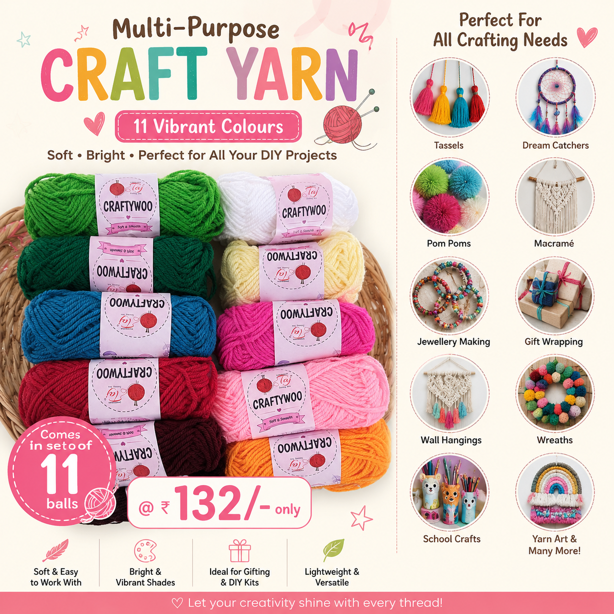 CRAFTYWOO - Multi-Purpose Craft Yarn – 15g Mini Balls | Perfect for DIY & Creative Crafts (Set of 11)